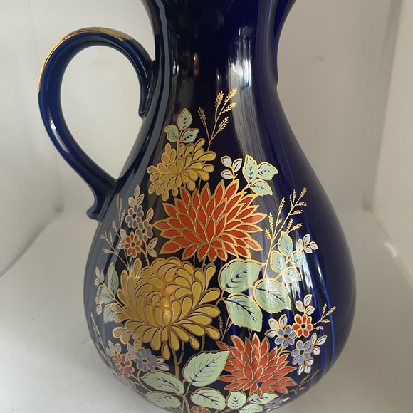 Bareuther Waldsassen Echt Cobalt 8” Vase/Pitcher handpainted 22K Gold Flowers - Picture 9 of 9